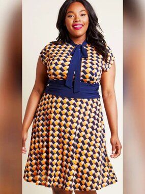 Modcloth Navy Blue, Orange & White Houndstooth Bow Dress